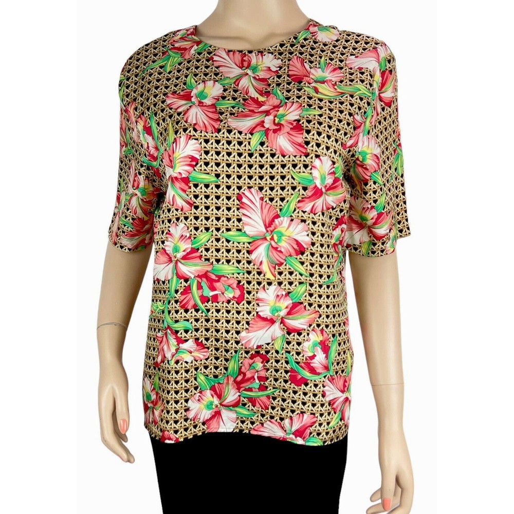 Carlisle Women's Silk Colorful Pink Floral top size 8 Short Sleeve